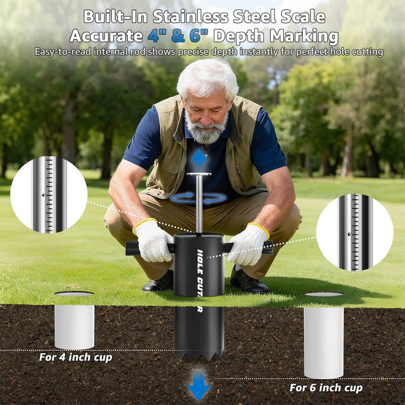 GYACS Portable Golf Hole Cutter – 4" & 6" Stainless Steel Golf Cup Cutter with Built-in Soil Pushing Rod – Ideal for Backyard Putting Green & Lawn - Image 2